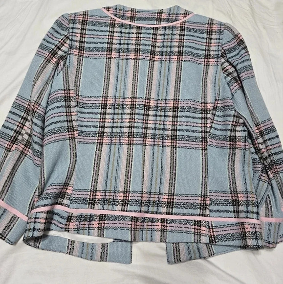 View Cropped Tweed Blazer/Dress Jacket, Light Blue/Pink Plaid, Lined, Sz 6, EUC! - Picture 6 of 14